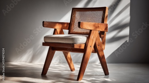 Wooden arm chair with cane backrest in a modern style.
