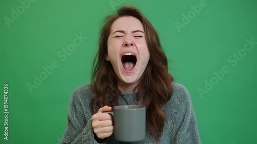 Awakening: A young woman, illuminated by a green backdrop, offers a relatable portrait of the daily morning struggle, clutching a mug while yawning wide. 