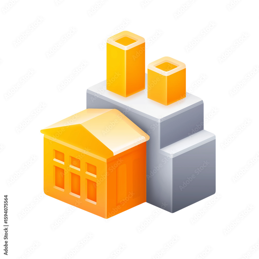 Fototapeta premium Stylized isometric illustration of a modern factory building with chimneys isolated on transparent background
