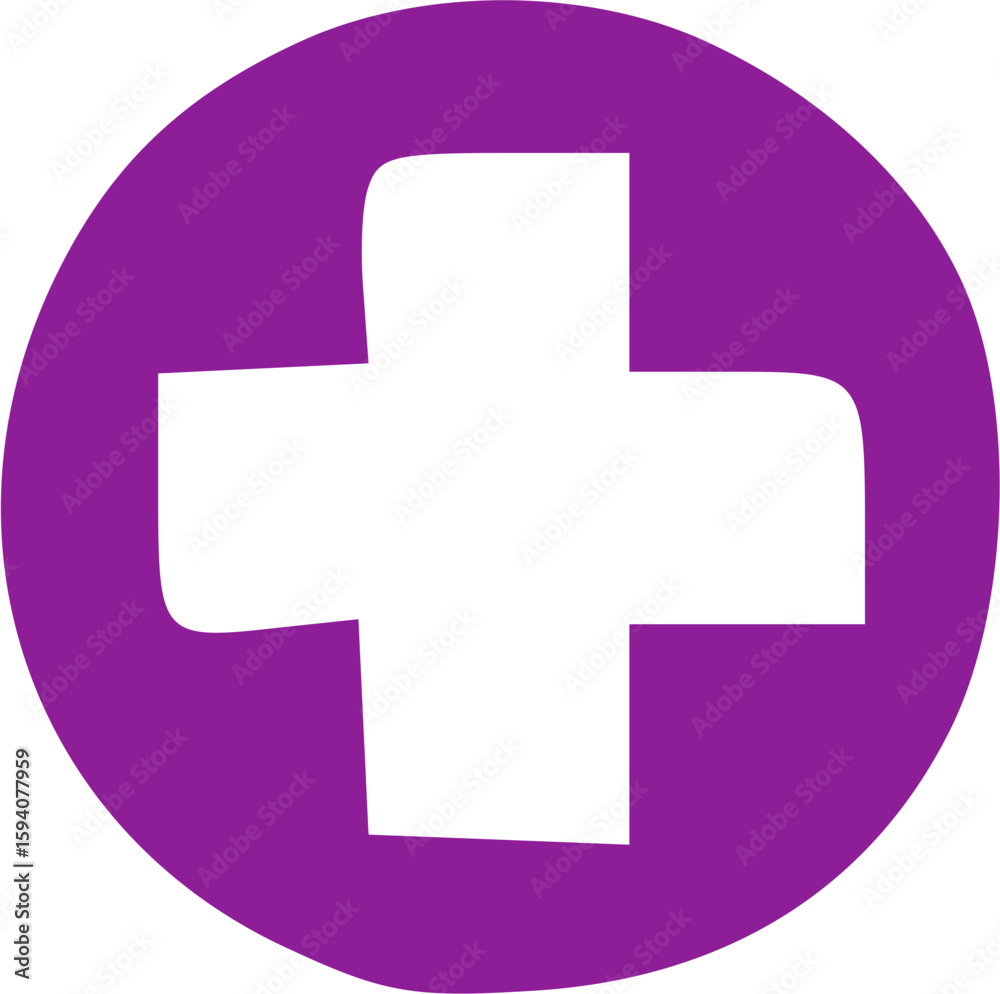Obraz premium A simple white cross symbol inside a vibrant purple circle, a graphic design.
