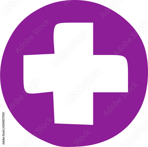 A simple white cross symbol inside a vibrant purple circle, a graphic design.
