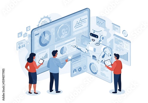 Team collaborates with an ai robot on a digital interface.