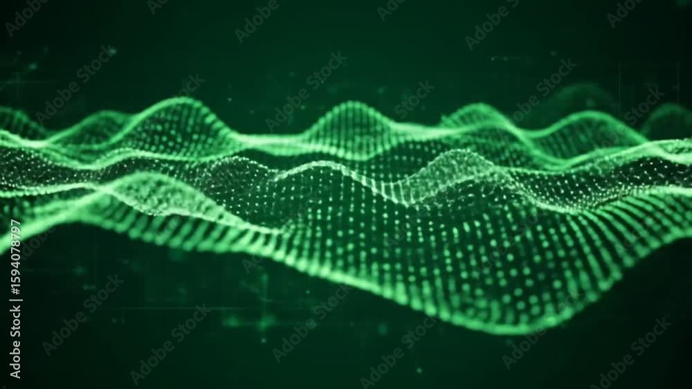 Abstract digital terrain created by green dots forming wave surface. Technology concept