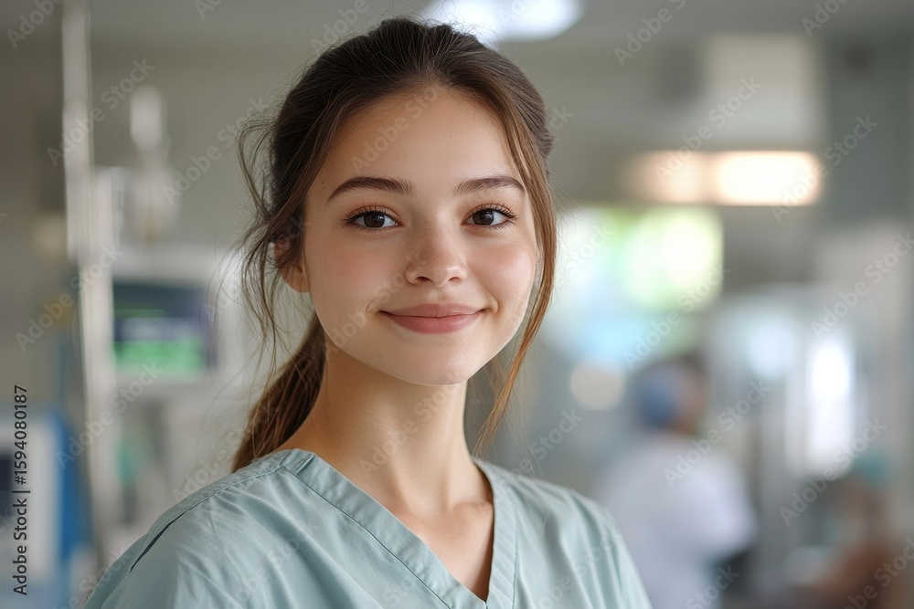 Naklejka premium Portrait of a young nurse in a surgical department, ready to provide expert care and support in a clinical environment, Generative AI