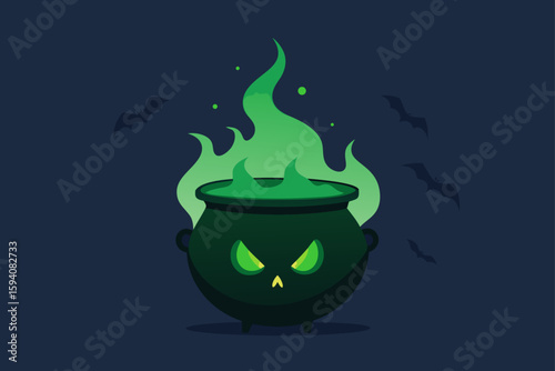 Cauldron with glowing potion in haunted attic spooky brew pot vector illustration