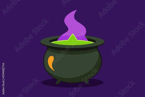 Glowing cauldron surrounded by pumpkins and bats Halloween setting vector illustration