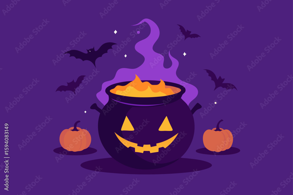 Fototapeta premium Bubbling green potion in spooky black cauldron Halloween design vector illustration