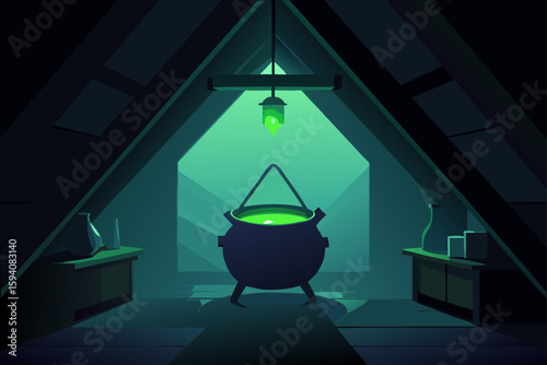 Cauldron with skeleton hands holding potion eerie drink concept vector illustration