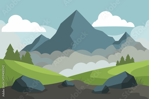 Foggy Highland Hills with Rocky Terrain