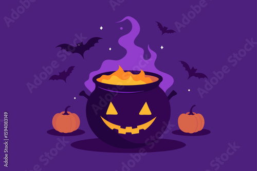 Bubbling green potion in spooky black cauldron Halloween design vector illustration