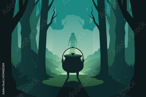 Skull shaped cactus pot with spooky shadow Halloween plant vector illustration