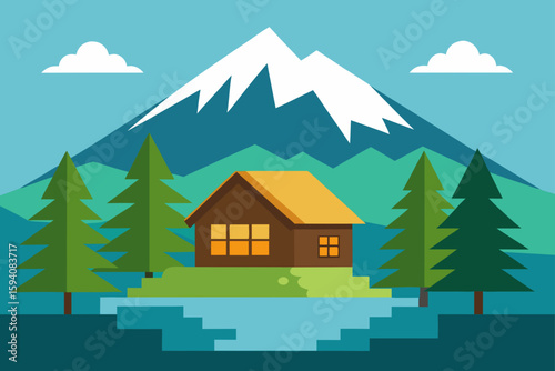 Pine Trees and Lake Surrounding Mountain Cabin