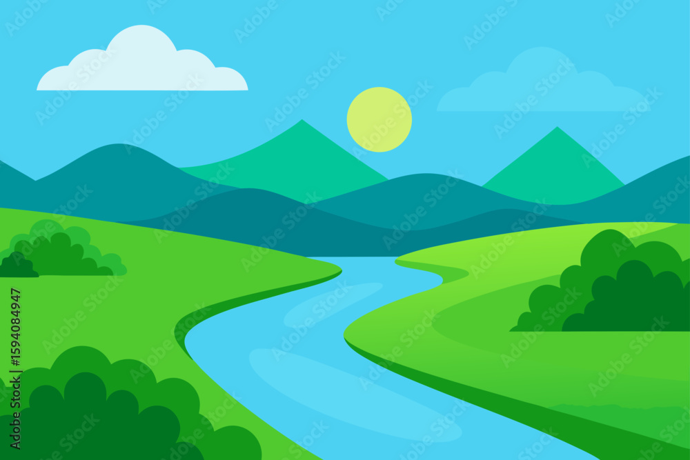 Obraz premium Peaceful River Flowing Through Green Countryside