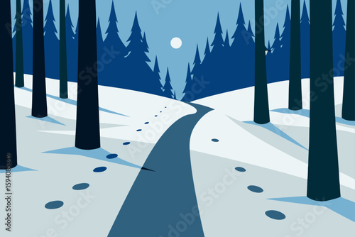 Footprints on Snowy Forest Path Among Tall Trees