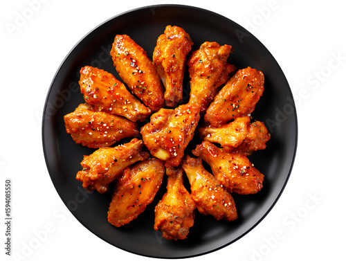  Top view of spicy buffalo chicken wings arranged in a circular pattern on a matte black ceramic plate, vibrant orange glaze shining under soft lighting