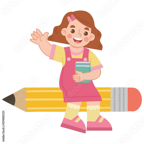 Illustration of a Cheerful Girl Riding a Pencil