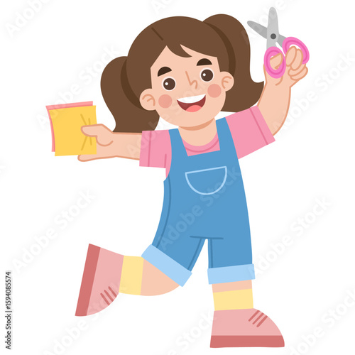 Illustration of a Cheerful Girl Cutting Paper with Scissors