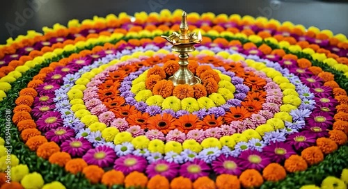 Traditional Onam Flower Decoration with Brass Oil Lamp and Colorful Blossoms. Puli Kali Celebration. 