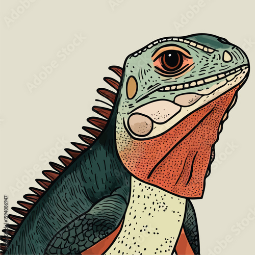Colorful Iguana Lizard Head Portrait Vector Illustration for Wildlife Print