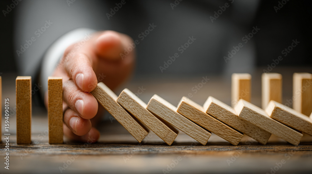Naklejka premium A businessman’s hand halts falling light beige wooden dominoes on a modern white table. Bright white background with empty caption space, symbolizing control, risk management, and preventing chain rea