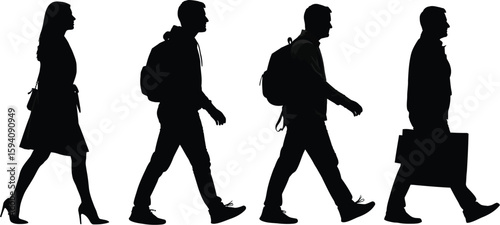 Vector art of silhouettes of people walking in a row