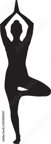 Black silhouette of a woman in a tree yoga pose, ideal for fitness, meditation, balance, and wellness themes, perfect for health and exercise designs
