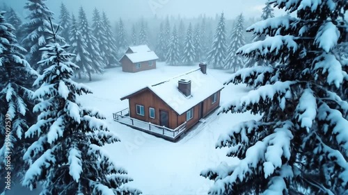 Snowy cabins nestled in a serene winter forest landscape scene video