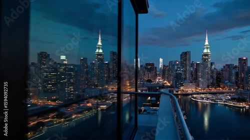 Spectacular cityscape view at night from a balcony with city lights