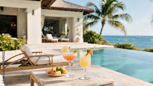 Tropical getaway featuring cocktails, fruit, and ocean views for relaxation