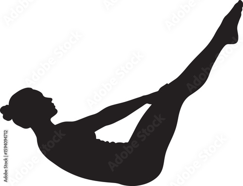 Graceful female silhouette performing a challenging yoga boat pose, ideal for fitness, wellness, core strength, and healthy lifestyle content, promoting balance and physical well-being