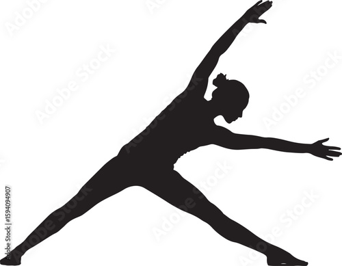 Black silhouette of a woman in a triangle yoga pose, showcasing flexibility, balance, and core strength, ideal for fitness, wellness, and healthy lifestyle content