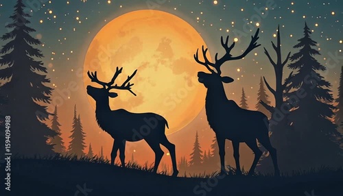 Two deer silhouetted against a moonlit forest in a seamless animation