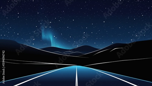 A stylish night view. The layout is horizontal, with a central view focusing on a road that stretches out into the distance. The road is drawn in a soft gradient of blue.
