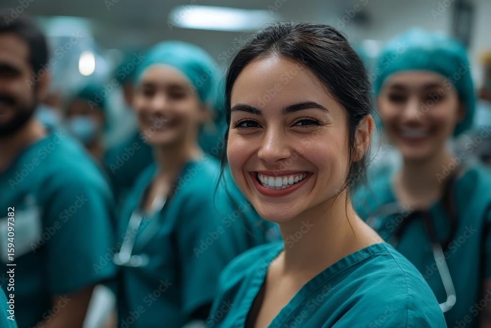 Fototapeta premium Portrait of happy doctors, nurses, and medical staff in a hospital, celebrating their collective efforts in delivering quality healthcare, Generative AI
