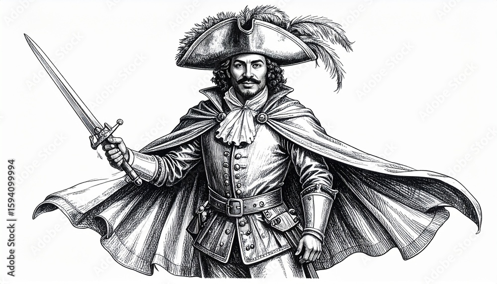 Obraz premium Dramatic Portrait of a Swashbuckler with Sword - Black and White Illustration