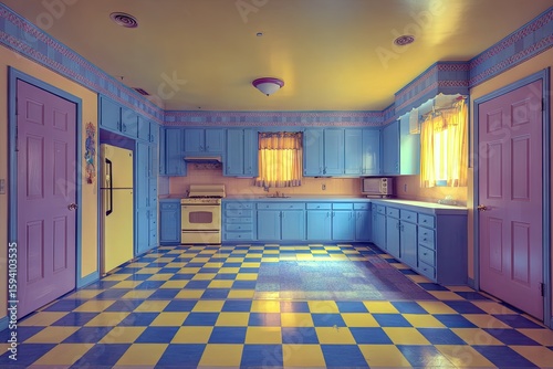 Vibrant, pastel kitchen with checkered floor