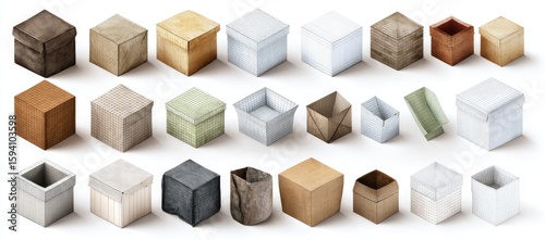 Assorted isometric cardboard boxes in various colors and shapes