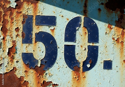 Number fifty on a rusted metal surface.