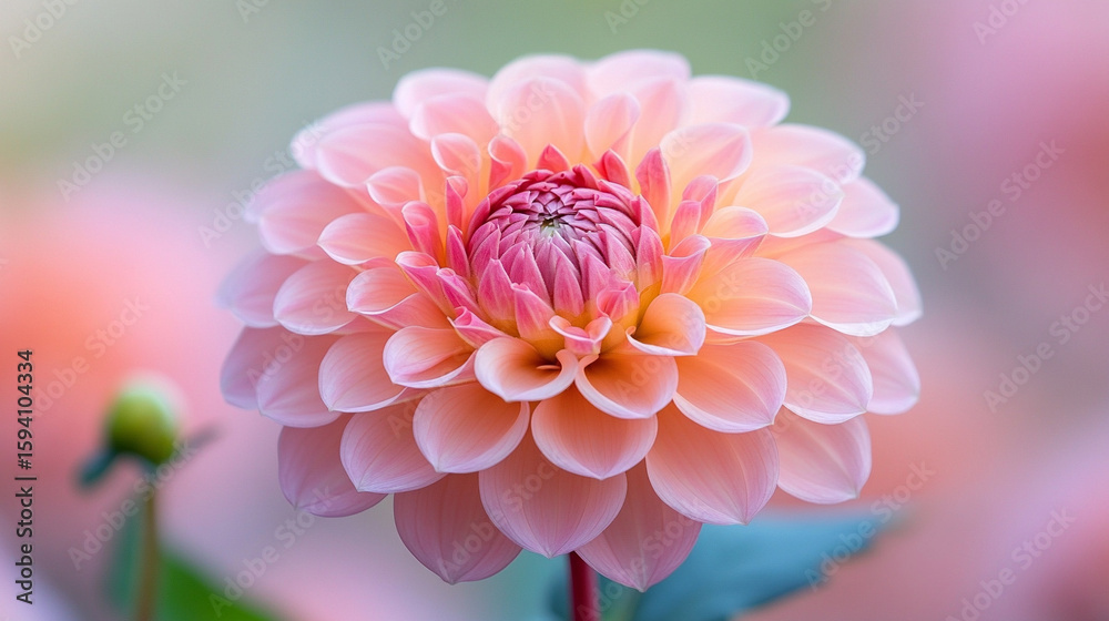 Fototapeta premium Close-up of a vibrant pink dahlia in full bloom. The intricate layers of petals radiate elegance and beauty, set against a soft background with space for text, ideal for floral and nature concepts.