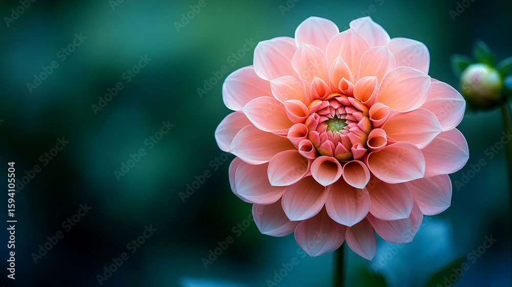 Fototapeta premium Close-up of a vibrant pink dahlia in full bloom. The intricate layers of petals radiate elegance and beauty, set against a soft background with space for text, ideal for floral and nature concepts.