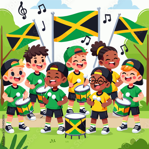 Group of Happy Children Playing Drum with Jamaica Flags Cartoon