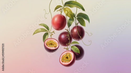 Realistic Passion Fruit Cluster Illustration ,Passion Fruit Digital Art with Leaves and Cut Fruit ,Botanical Passion Fruit Wall Print