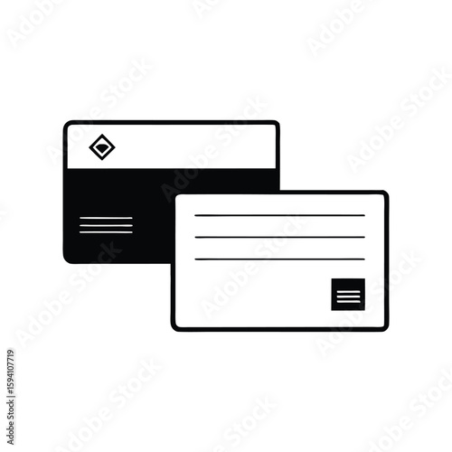 Vector art of two stylized credit cards with a diamond logo and magnetic stripe