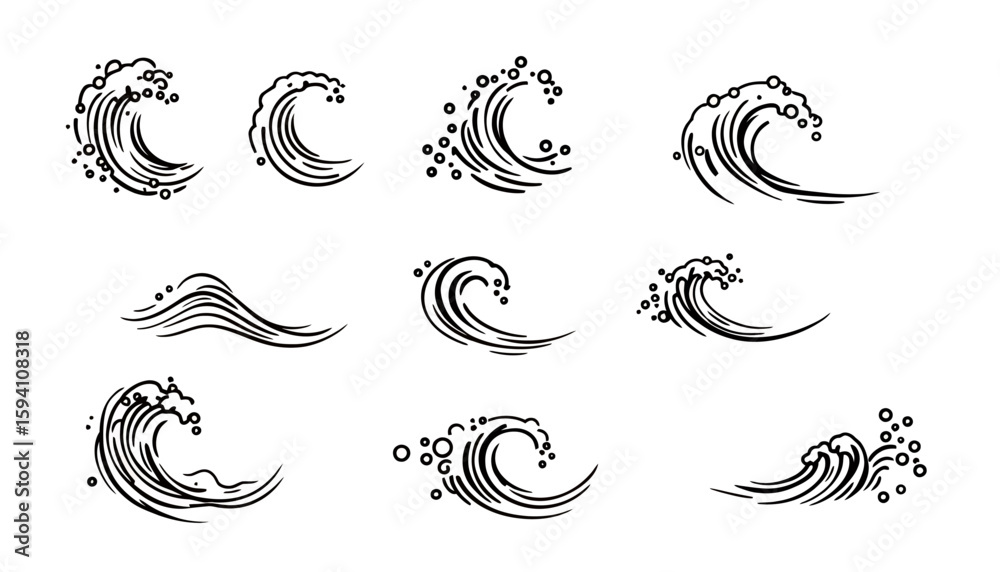 Fototapeta premium A collection of dynamic hand-drawn water wave and splash vector illustrations, perfect for graphic design elements and isolated on a clean white background.
