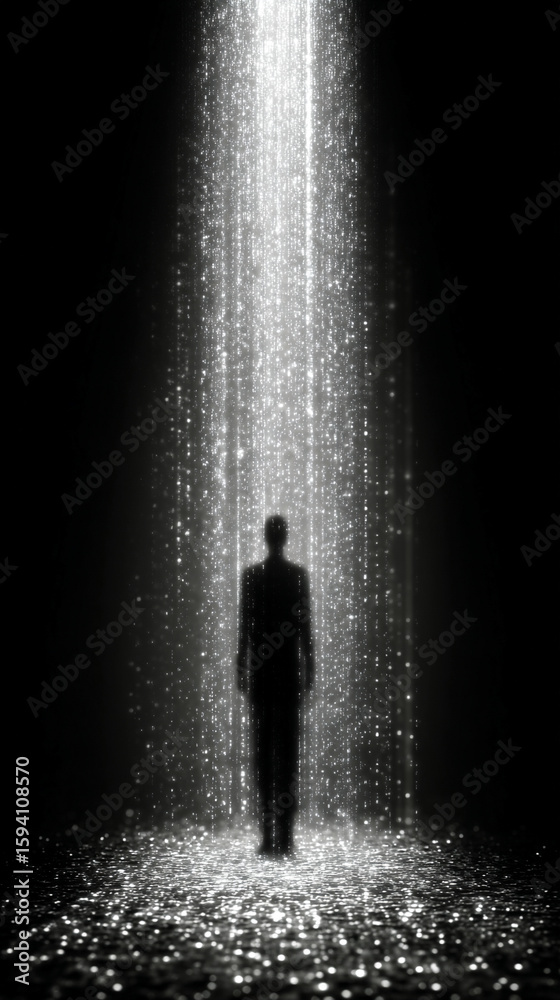 Obraz premium Pixelated silhouette of a faceless figure radiating mystery, light, and hope. Symbolizes anonymity, secrecy, and the enigmatic nature of identity within the virtual digital realm.