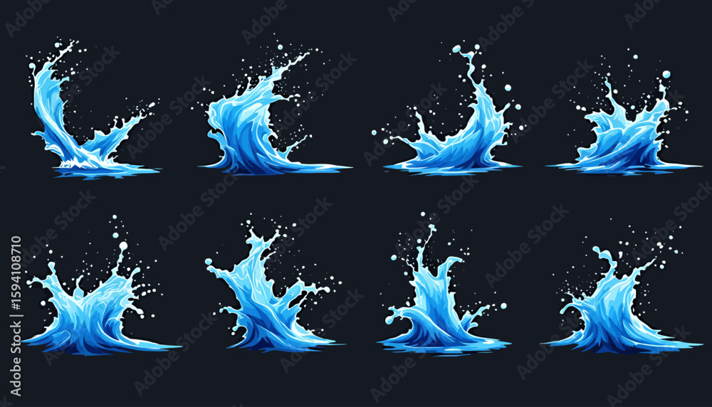 Obraz premium High-quality vector PNG illustrations of dynamic water splashes, perfect for adding a refreshing touch to your designs, websites, or animations. These versatile assets are ideal for various creative