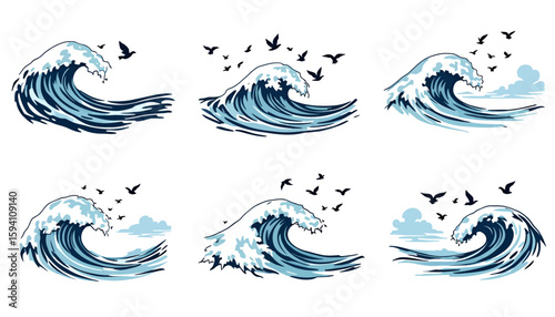Dynamic ocean waves with splashing water and flying birds, presented as a set of versatile vector illustrations perfect for graphic design projects.