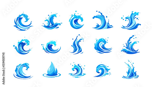A vibrant collection of dynamic water splashes and stylized ocean waves, presented as clean vector graphics ideal for design projects.
