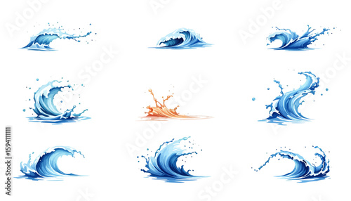 Dynamic vector illustrations of various blue and orange water splashes and crashing waves, perfect for design projects needing liquid elements.