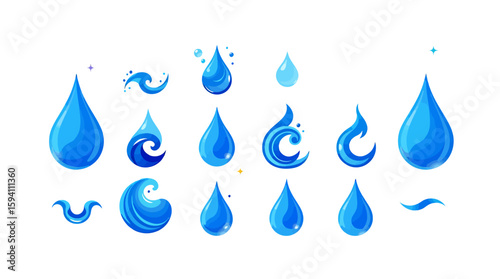 High-quality vector PNG illustrations of water splashes and drops, perfect for various design projects, including websites, presentations, and marketing materials.  These versatile images are easily